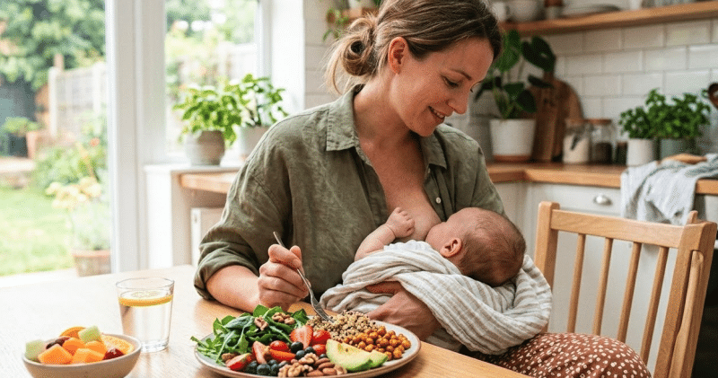 Mère allaitante mangeant un repas équilibré avec fruits et légumes pour une bonne alimentation femme allaitante