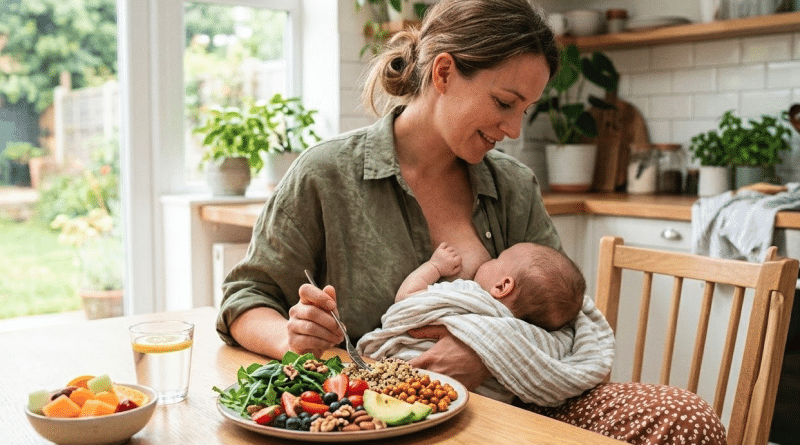 Mère allaitante mangeant un repas équilibré avec fruits et légumes pour une bonne alimentation femme allaitante
