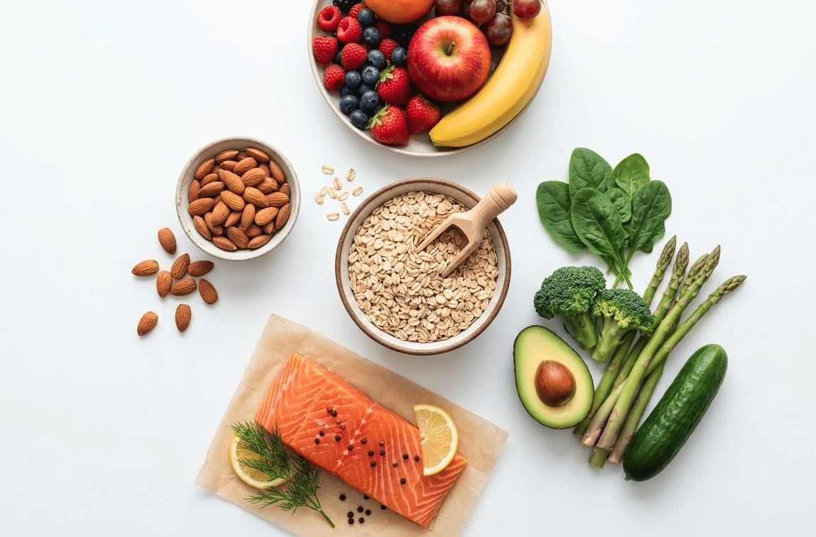 Aliments recommandés pour l'alimentation femme allaitante : flocons d'avoine, amandes, saumon et légumes verts