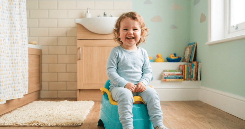Enfant de 2 ans assis sur un pot coloré lors de l'apprentissage de la propreté