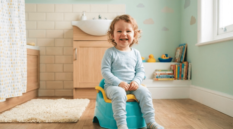 Enfant de 2 ans assis sur un pot coloré lors de l'apprentissage de la propreté