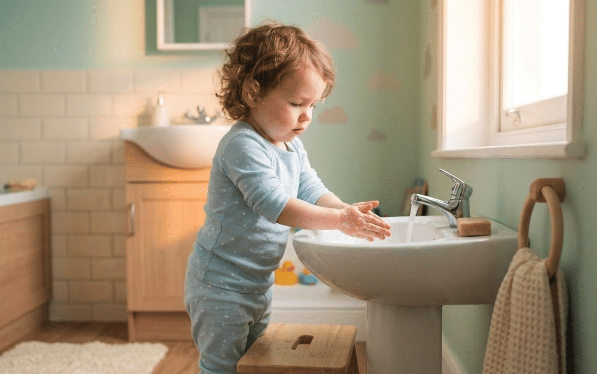 Petit enfant qui apprend à se laver les mains seul, étape de l'autonomie et de l'apprentissage de la propreté