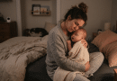Mère épuisée tenant son bébé qui ne dort pas la nuit dans une chambre tamisée