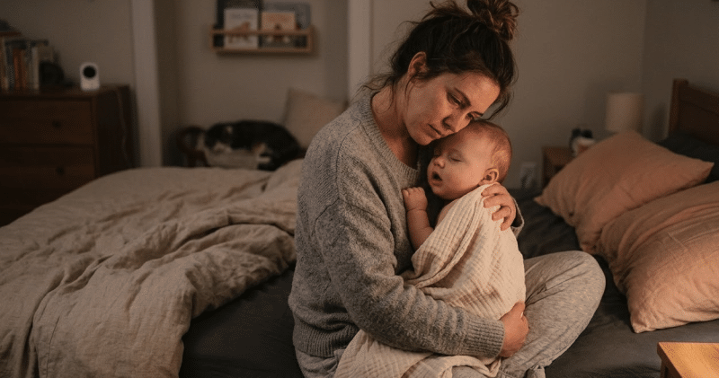 Mère épuisée tenant son bébé qui ne dort pas la nuit dans une chambre tamisée