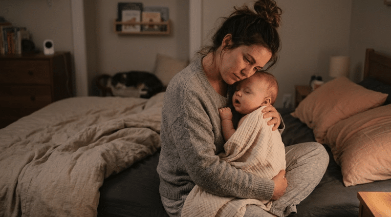Mère épuisée tenant son bébé qui ne dort pas la nuit dans une chambre tamisée