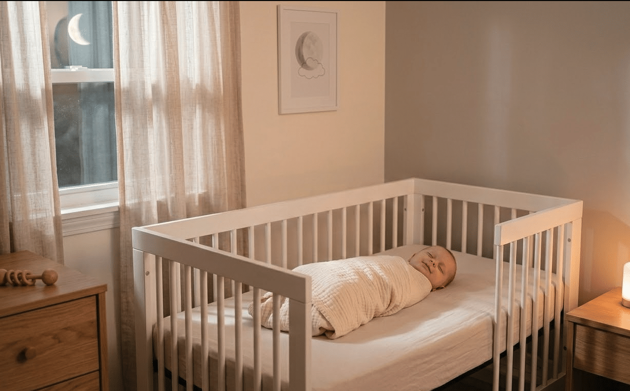 Bébé qui dort paisiblement dans son berceau blanc, conseils pour améliorer le sommeil bébé la nuit