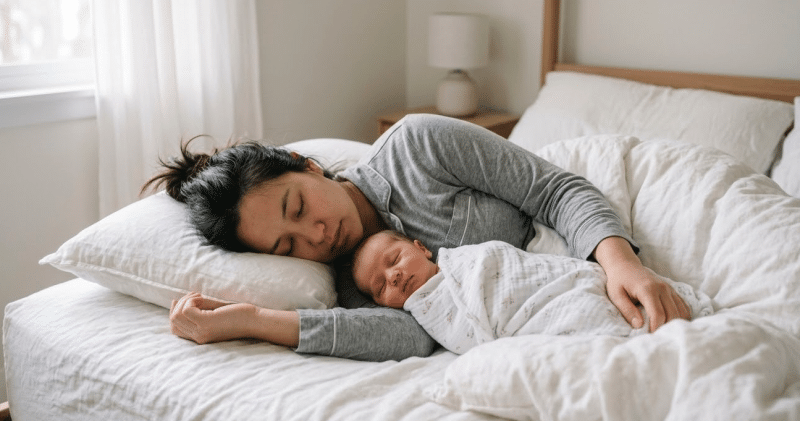 Mère et nourrisson dormant paisiblement côte à côte dans un lit pour un cododo sécurisé