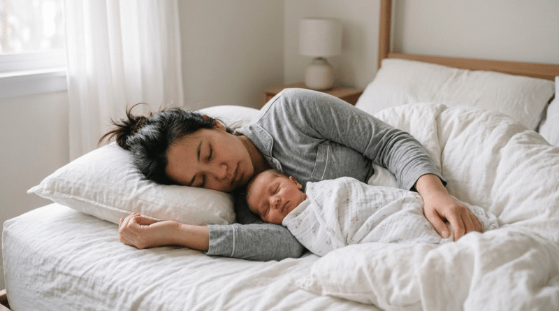 Mère et nourrisson dormant paisiblement côte à côte dans un lit pour un cododo sécurisé
