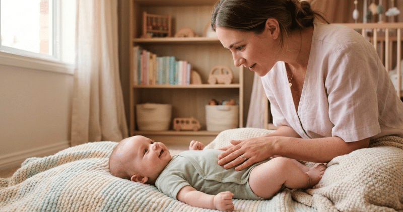 Parent massant doucement le ventre de son bébé pour soulager naturellement la constipation bébé