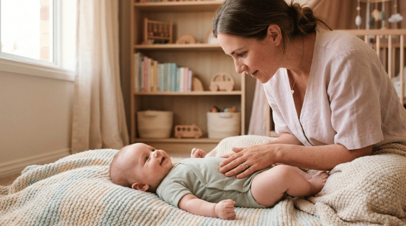 Parent massant doucement le ventre de son bébé pour soulager naturellement la constipation bébé