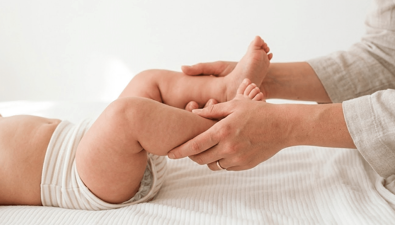Parent faisant le mouvement de pédalage avec les jambes de son bébé, remède naturel contre la constipation bébé