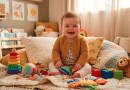 Bébé de 6 mois assis entouré de jouets colorés, étapes clés du développement bébé 6 mois