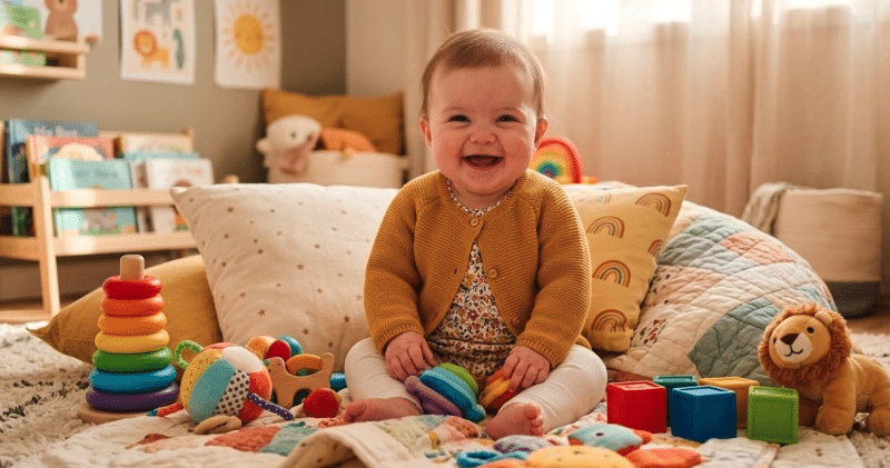 Bébé de 6 mois assis entouré de jouets colorés, étapes clés du développement bébé 6 mois