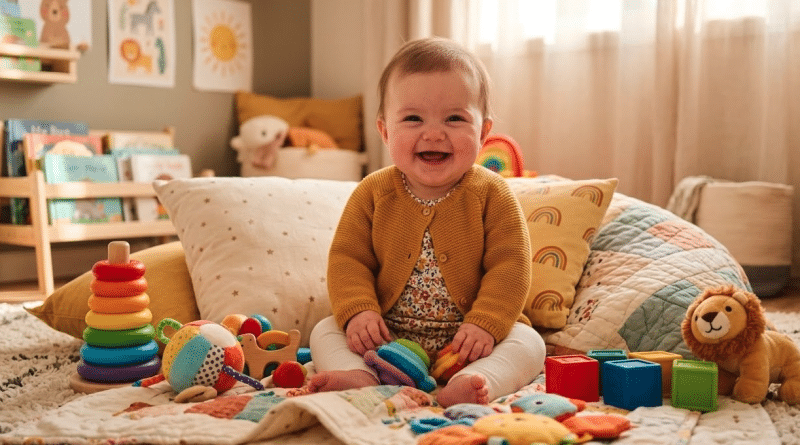 Bébé de 6 mois assis entouré de jouets colorés, étapes clés du développement bébé 6 mois