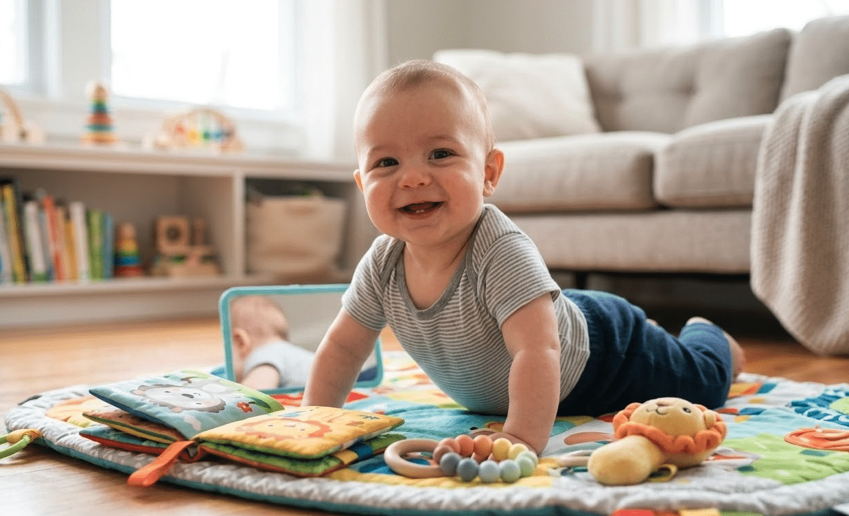 Bébé de 6 mois en tummy time qui sourit, développement moteur et éveil bébé 6 mois