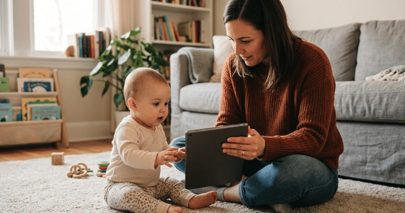 Parent éteignant une tablette devant son bébé, conscient des effets négatifs des écrans bébé