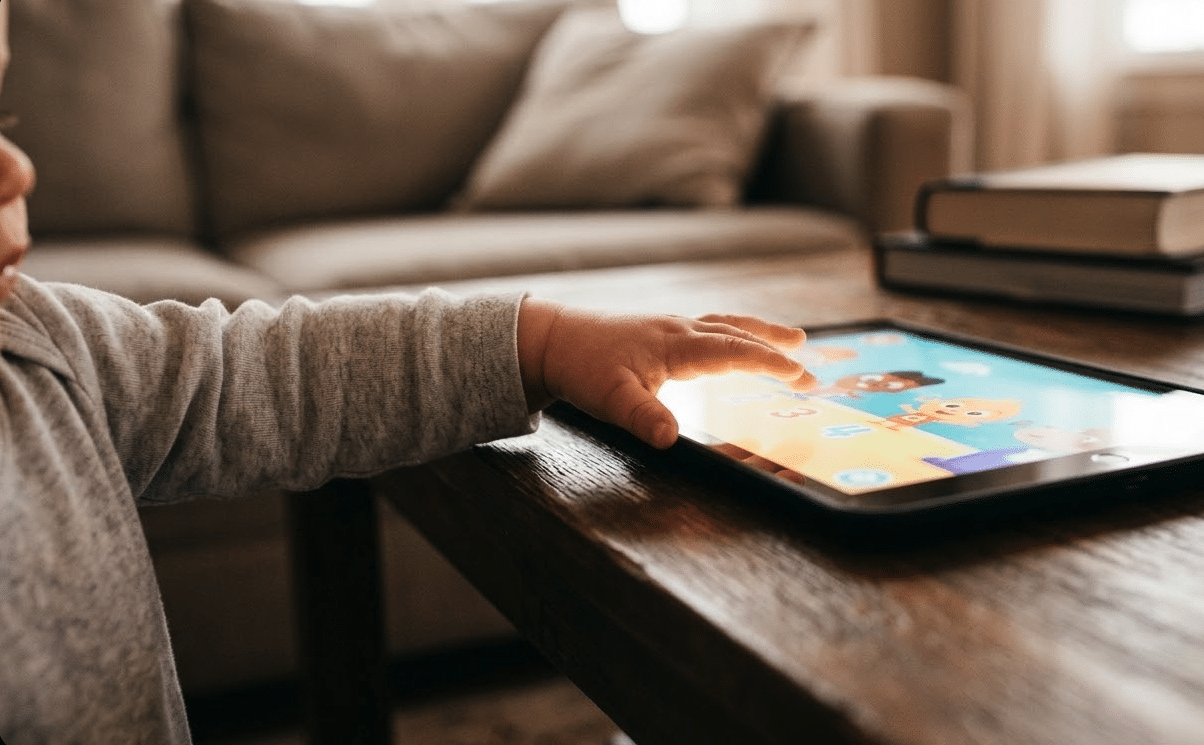 Bébé qui regarde l'écran d'une tablette posée sur une table, risques des écrans bébé