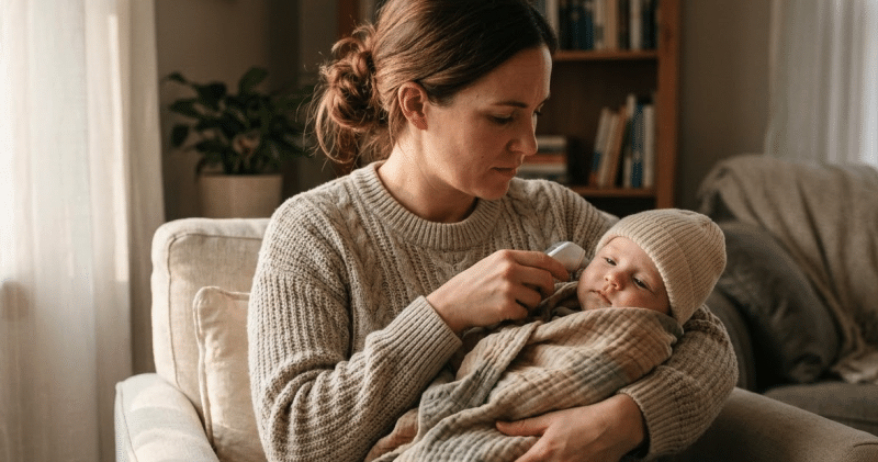 Parent prenant la température d'un nourrisson avec un thermomètre pour mesurer la fièvre bébé