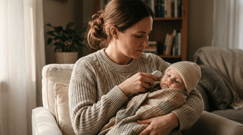Parent prenant la température d'un nourrisson avec un thermomètre pour mesurer la fièvre bébé