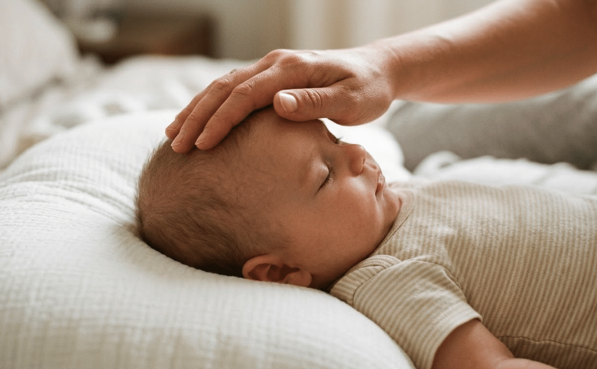 Main d'un parent posée sur le front d'un bébé allongé pour vérifier la fièvre bébé