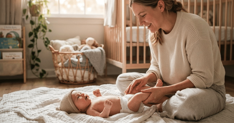 Mère pratiquant un massage bébé sur les jambes de son nourrisson avec de l'huile végétale