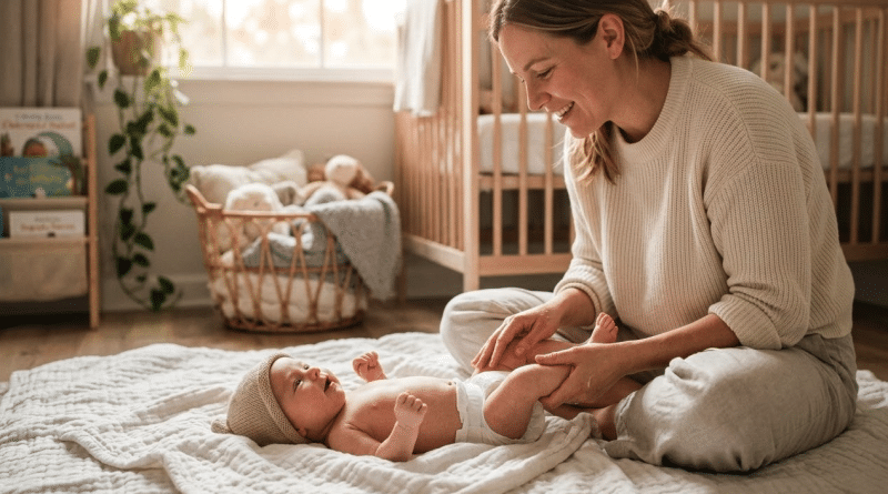 Mère pratiquant un massage bébé sur les jambes de son nourrisson avec de l'huile végétale