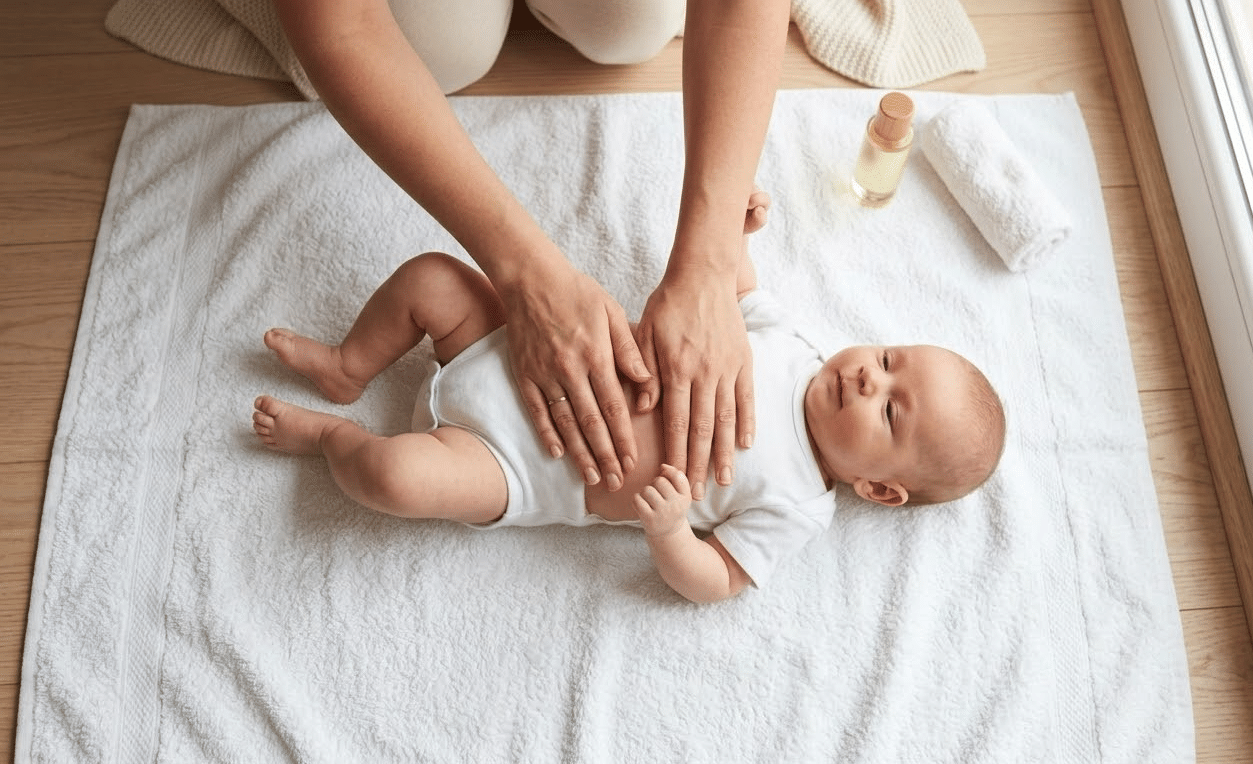 Vue du dessus d'un massage bébé sur le ventre, technique douce pour soulager les coliques