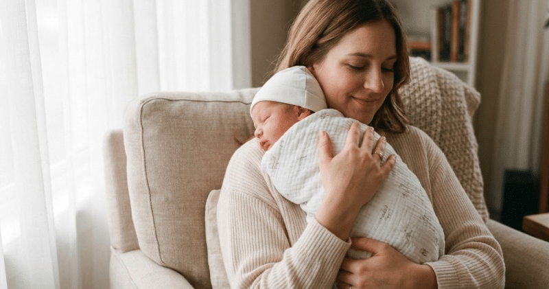 Mère tenant son nourrisson en position verticale après la tétée pour soulager le reflux bébé