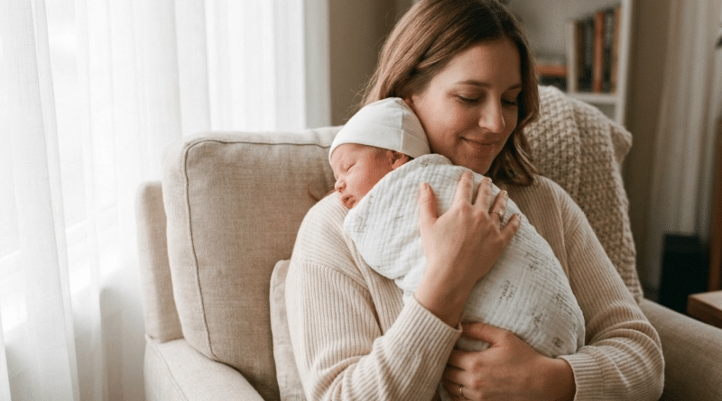 Mère tenant son nourrisson en position verticale après la tétée pour soulager le reflux bébé