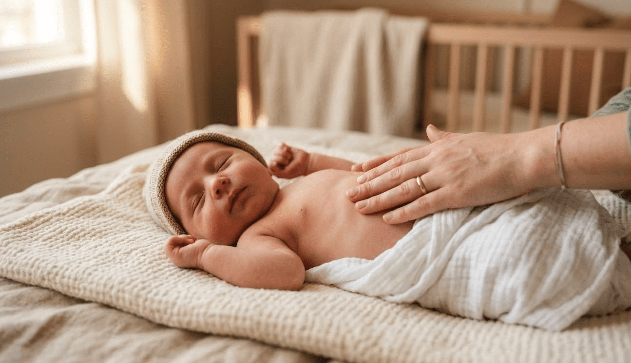 Parent massant doucement le ventre de son bébé pour soulager le reflux et les coliques